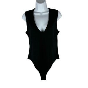 A New Day Womens Sleeveless Black Bodysuit With Deep V-Neckline Medium